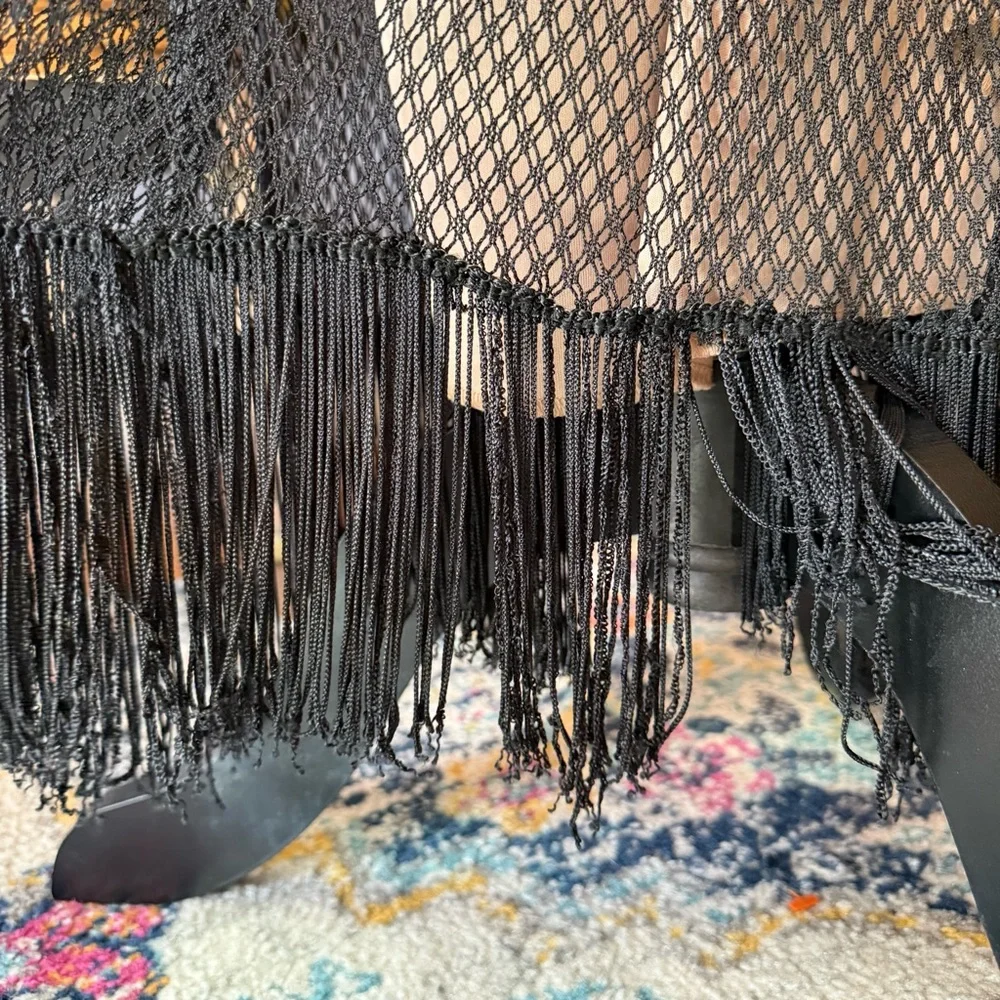 Vintage 90s/Y2K Fredericks of Hollywood Black Crochet Lace Fringed Maxi Dress - Picture 8 of 11